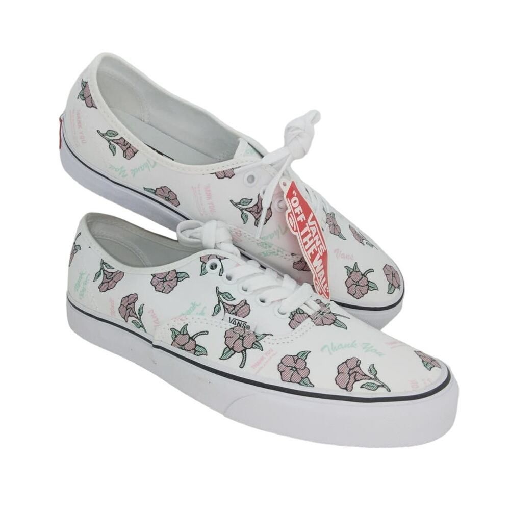 Vans Authentic Womens New W/Tags "Thank You" Floral White & Pink Sneakers-Sz. 10